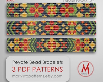 Lobelia Peyote bead patterns for bracelets - Set of 3 pattern, native inspired, flowers color, bead 11/0 size - PDF instant download #S263