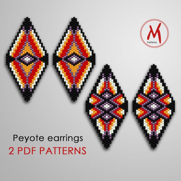 2 Peyote bead pattern for Dangle Earrings - Native inspired, Indian geometry, miyuki delica seed beads 11/0, - PDF instant download