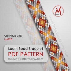 May include: A loom bead bracelet pattern featuring a geometric design with red, orange, yellow, white, and gray beads. The pattern is called "Calendula Lines" and has the code LM293. The image also includes the text "Loom Bead Bracelet PDF PATTERN marivirrapatterns.etsy.com".