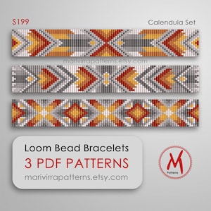 May include: Three loom bead bracelet patterns in a set called "Calendula Set". The patterns feature geometric designs in shades of red, orange, yellow, white, and gray. The patterns are available for download as PDFs. The listing is for $199 and is available on marivirrapatterns.etsy.com.