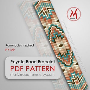 May include: A peyote bead bracelet pattern with a geometric design in shades of brown, beige, white, and turquoise. The pattern is called "Ranunculus Inspired" and has the code PY129. The pattern is available as a PDF download from marivirrapatterns.etsy.com.