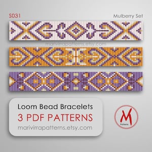 Mulberry Set Loom bead patterns for bracelets - Set of 3 pattern, west inspired, purple yellow, beads 11/0 size - PDF instant download #S031