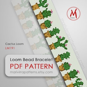 Op de afbeelding: Een PDF-patroon voor een loom- kralenarmband met een cactusontwerp. Het patroon heet "Cactus Loom LM191" en is verkrijgbaar op marivirrapatterns.etsy.com.