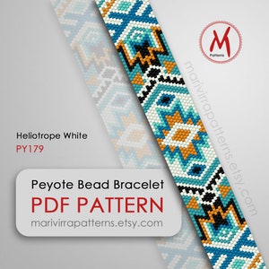 May include: Peyote bead bracelet pattern, featuring a geometric design with blue, white, orange, and black beads. The pattern is called "Heliotrope White" and has the code PY179. The pattern is available as a PDF download from marivirrapatterns.etsy.com.