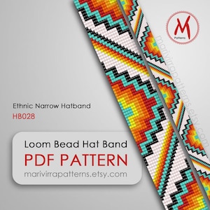 May include: A digital PDF pattern for a loom bead hat band. The design features a colorful, geometric pattern in shades of orange, yellow, turquoise, black, and white. The text reads "Ethnic Narrow Hatband HB028" and "Loom Bead Hat Band PDF Pattern".