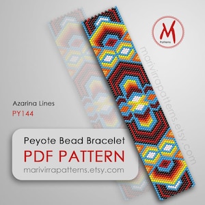 May include: A colorful Peyote bead bracelet PDF pattern with geometric designs in red, orange, yellow, blue, and white. The pattern is labeled "Azarina Lines PY144" and includes the text "Peyote Bead Bracelet PDF PATTERN marivirrapatterns.etsy.com".