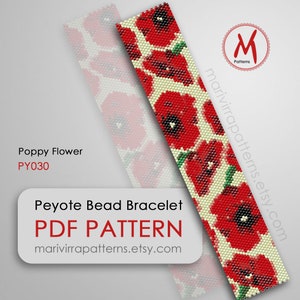 Poppy Flower Peyote bead pattern for bracelet - Floral bracelet, red flower, beadweaving, miyuki delica beads 11/0 - PDF instant download