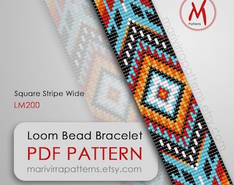 Patrón de cuentas Square Stripe Wide Loom para pulsera - patrones de estilo occidental de inspiración nativa, tamaño de cuenta miyuki 11/0 - Descarga instantánea en PDF #LM200