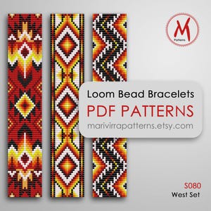 May include: Three loom bead bracelet patterns in a West Set. The patterns are geometric and feature red, yellow, black, and white beads. The patterns are labelled S080 West Set. The image also includes the text "Loom Bead Bracelets PDF PATTERNS marivirrapatterns.etsy.com".