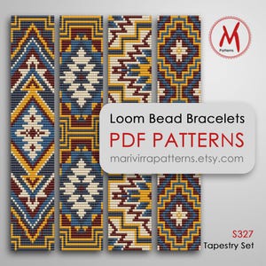May include: Four vertical strips of loom bead bracelet patterns featuring geometric designs in blue, yellow, white, and maroon. A white overlay displays the text Loom Bead Bracelets PDF PATTERNS marivirrapatterns.etsy.com and M Patterns logo.