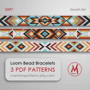 Squash Loom bead patterns for bracelets - Set of 3 pattern, native inspired, turquoise colors, beads 11/0 size - PDF instant download #S097