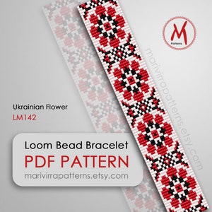 May include: A loom bead bracelet pattern featuring a red, black, and white Ukrainian flower design. The pattern is called "Ukrainian Flower LM142" and is available as a PDF download.