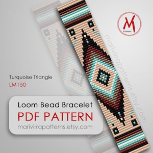 May include: A loom bead bracelet pattern featuring a turquoise triangle design. The pattern is called "Turquoise Triangle" and is labeled LM150. The pattern is available as a PDF download from marivirrapatterns.etsy.com.