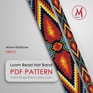 May include: Loom bead hat band PDF pattern, Arrow Rainbow HB013, with two colorful designs featuring red, orange, yellow, green, blue, and black beads. marivirrapatterns.etsy.com
