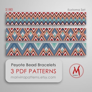 May include: Three peyote bead bracelet patterns in a geometric design with red, blue, and brown beads. The patterns are labeled "Eustoma Set" and the price is $180. The image also includes the text "Peyote Bead Bracelets 3 PDF PATTERNS marivirrapatterns.etsy.com" and a logo with the text "M Patterns".