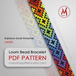 May include: Rainbow Small Waterfall Loom Bead Bracelet PDF Pattern, LM502, marivirrapatterns.etsy.com. The pattern features a colorful beaded bracelet with a waterfall design.