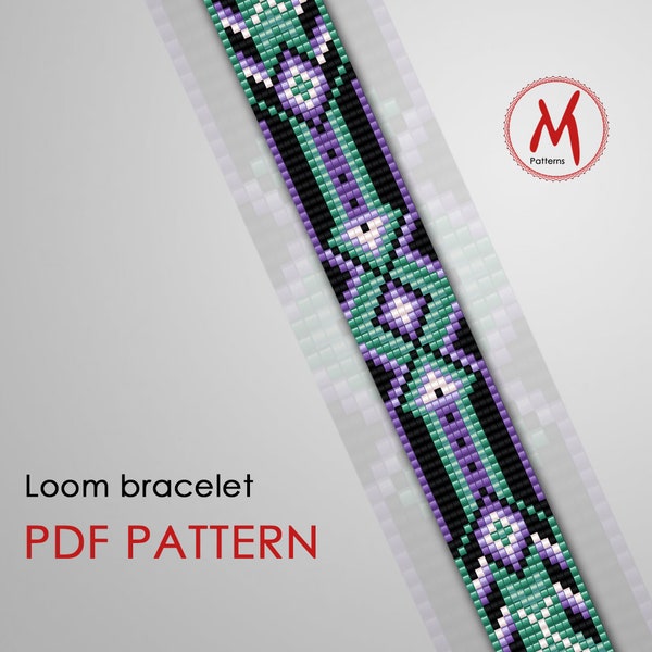 Teal Black Loom bead pattern for bracelet - violet purple color, native inspired, hat band idea, seed bead 11/0 size - PDF instant download