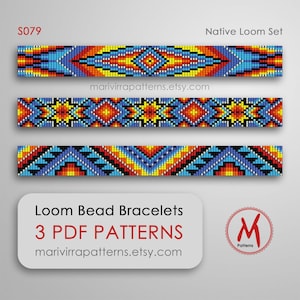 May include: Three colourful loom bead bracelet patterns with geometric designs in blue, orange, yellow, and black. The text "Loom Bead Bracelets 3 PDF PATTERNS" is displayed below the bracelets, along with a website address.