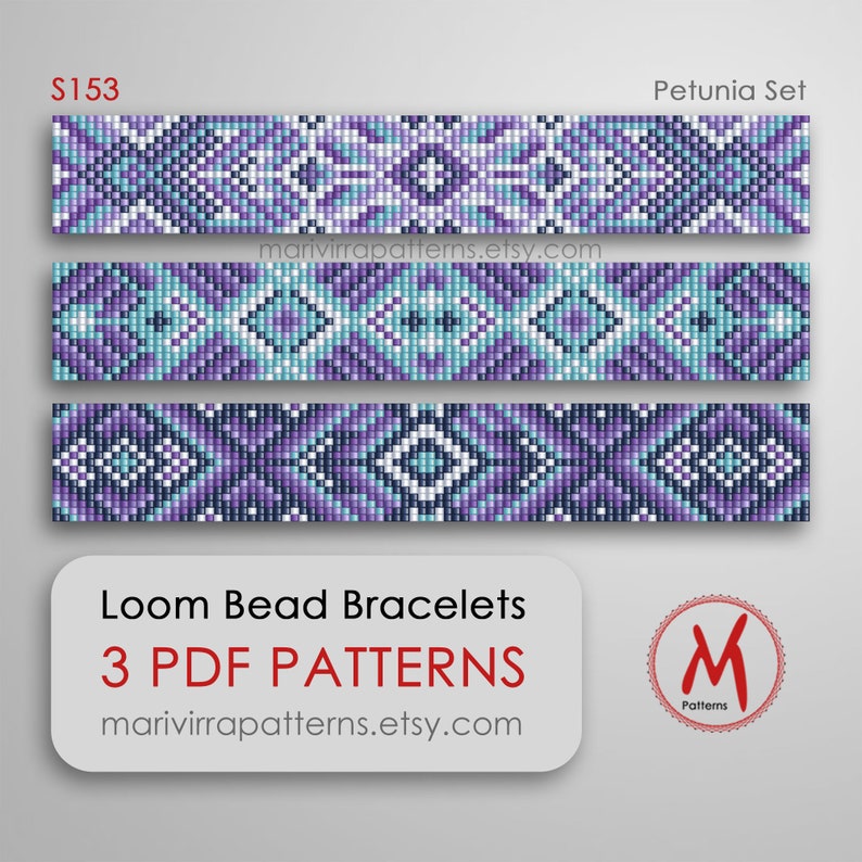 Petunia Set Loom bead patterns for bracelets Set of 3 pattern, blue west inspired, modern miyuki beads 11/0 PDF instant download S153 image 1