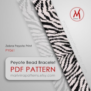May include: A black and white zebra print peyote bead bracelet pattern. The pattern is for a bracelet that is approximately 7 inches long. The pattern is available as a PDF download. The pattern is called "PY061".