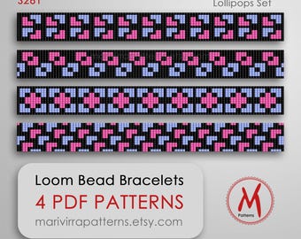 Lollipops Loom Stitch Pattern set of 4 bead loom bracelets - pink violet native inspired, for beginner, beads 11/0 size - PDF download #S261