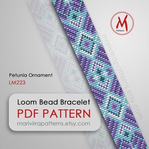May include: A loom bead bracelet pattern featuring a geometric design with purple, blue, and white beads. The pattern is called "Petunia Ornament" and the pattern number is LM223. The pattern is available as a PDF download from marivirrapatterns.etsy.com.