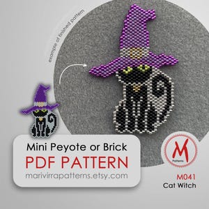 Peut inclure: Un chat noir portant un chapeau de sorcière violet et or. Le chat est en perles et est un motif de point de peyote ou de brique miniature. L'image comprend le texte "Mini Peyote or Brick PDF PATTERN marivirrapatterns.etsy.com M Patterns M041 Cat Witch"