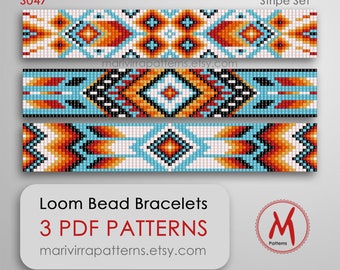 May include: Three loom bead bracelet patterns in a stripe set. The patterns feature geometric designs in orange, red, blue, black, and white. The patterns are labeled "S047 Stripe Set" and "marivirrapatterns.etsy.com".