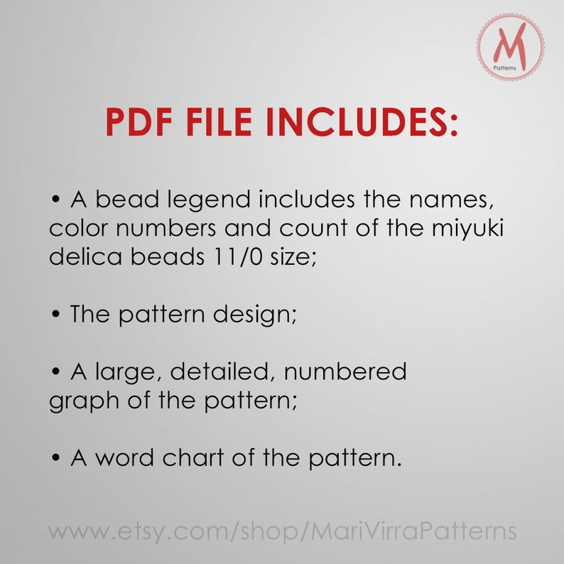 May include: PDF file includes a bead legend, pattern design, a large numbered graph, and a word chart for beading projects.  www.etsy.com/shop/MariVirraPatterns
