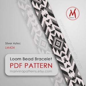 May include: Black and white loom bead bracelet pattern with a geometric design. The pattern is called "Silver Aztec" and the pattern number is LM424. The pattern is available as a PDF download.