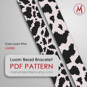 May include: Black and white loom bead bracelet pattern featuring a cow print design. The pattern is for a bracelet that is approximately 7 inches long. The pattern is available as a PDF download. The pattern is called "Cow Loom Print LM085".