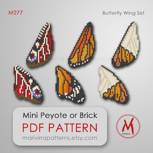 Peut inclure: Ensemble de six motifs d'ailes de papillon perlées en rouge, orange et blanc. Les ailes présentent divers motifs. Le texte "Mini Peyote or Brick PDF Pattern" et une URL de boutique Etsy sont inclus.