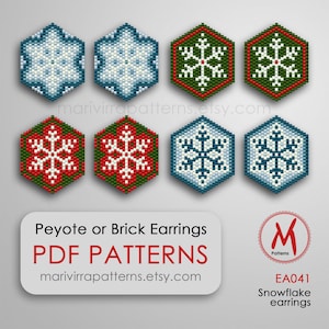 May include: Eight beading patterns for snowflake earrings in red, green, blue and white. Peyote or brick stitch earrings. PDF patterns. EA041 Snowflake earrings. marivirrapatterns.etsy.com