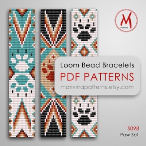 May include: Three loom bead bracelet patterns featuring a paw print design. The patterns are in black, white, orange, brown, and turquoise. The patterns are labelled "S098 Paw Set" and "marivirrapatterns.etsy.com".