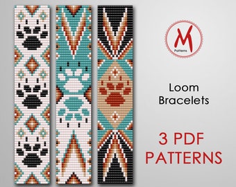 Paw Set Loom bead patterns for bracelets - Set of 3 pattern, native inspired, wild narrow indian, miyuki beads 11/0 - PDF instant download