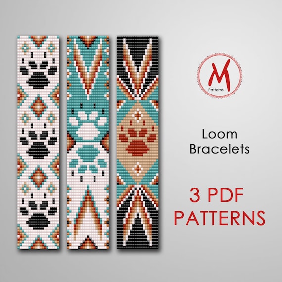 Paw Set Loom Bead Patterns for Bracelets Set of 3 Pattern, Native Inspired,  Wild Narrow Indian, Miyuki Beads 11/0 PDF Instant Download 