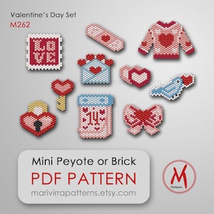 Puede incluir: Un conjunto de nueve patrones de abalorios con temática de San Valentín que presentan una variedad de diseños, incluyendo una llave en forma de corazón, una carta de amor, un pájaro, un lazo, un suéter, una venda, un frasco, un buzón y un corazón. Los patrones están diseñados para el abalorio de punto mini peyote o ladrillo.