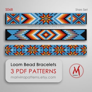 Stars Set Loom bead patterns for bracelets - Set of 3 pattern, native inspired blue turquoise, miyuki bead 11/0 - PDF instant download #S068