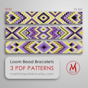 May include: Three loom bead bracelet patterns in a set called "Iris Set". The patterns feature geometric designs in purple, yellow, white, and black. The patterns are labeled "S151" and "marivirrapatterns.etsy.com".