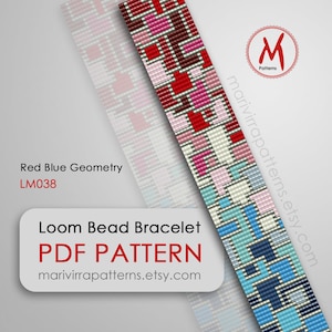 Peut inclure: Modèle de bracelet en perles à tisser géométrique rouge, bleu et blanc. Le modèle s'appelle "Red Blue Geometry LM038".