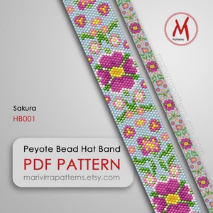 May include: A digital download PDF pattern for a peyote stitch bead hat band with a floral design. The pattern is called "Sakura" and has a light blue background with pink, yellow, and green flowers. The pattern is available on the website marivirrapatterns.etsy.com.