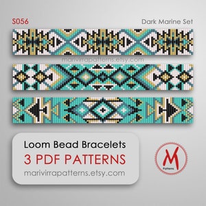 May include: Three loom bead bracelet patterns in a dark marine colour scheme. The patterns feature geometric designs in black, white, teal, and gold. The image includes the text "S056", "Dark Marine Set", "Loom Bead Bracelets", "3 PDF PATTERNS", "marivirrapatterns.etsy.com", and "M Patterns".