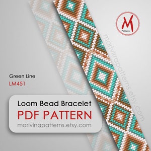 Green Line Loom bead patterns for bracelets - geometry pattern, native inspired, turquoise, beads 11/0 size - PDF instant download #LM451