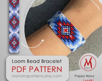 Poppy Navy Loom bead pattern for bracelet - modern bracelet, native inspired, beadwork idea, miyuki beads 11/0 size, PDF download #LM481