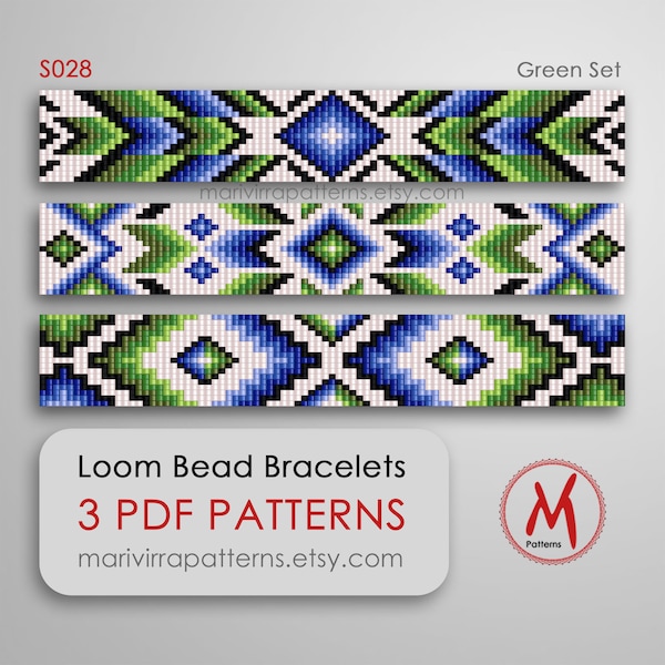 Green Blue Set of 3 pattern, Loom bead patterns for bracelets - native inspired, turquoise green, seed beads 11/0 size - PDF download #S028