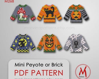 Mini Sweater Halloween Set of 6 Peyote bead patterns for miniature or brooch pin - brick weave, miyuki delica bead 11/0 - PDF download #M268