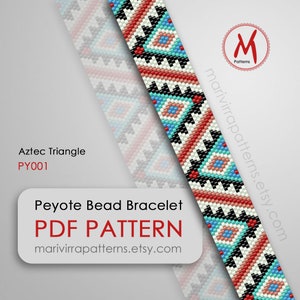 May include: Aztec Triangle Peyote Bead Bracelet PDF Pattern, a digital download for creating a beaded bracelet with a geometric design in black, white, red, blue, and turquoise.