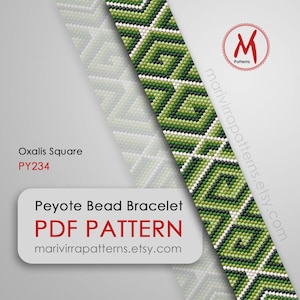 Könnte beinhalten: Grünes, weißes und schwarzes Peyote-Perlenarmband-Muster, betitelt "Oxalis Square PY234" und "Peyote Bead Bracelet PDF PATTERN" mit der Website "marivirrapatterns.etsy.com".