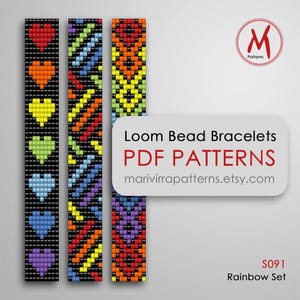 May include: Three colorful loom bead bracelet patterns with hearts, stripes, and chevron designs. The patterns are labeled "S091 Rainbow Set" and are available as PDF downloads from marivirrapatterns.etsy.com.