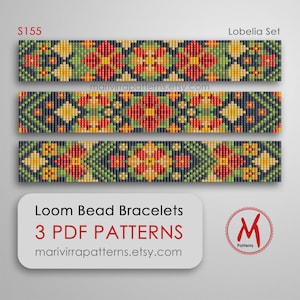 May include: Three loom bead bracelet patterns featuring a floral design with red, yellow, green, and blue beads. The patterns are labeled "Lobelia Set" and "S155". The image also includes the text "Loom Bead Bracelets 3 PDF Patterns marivirrapatterns.etsy.com".